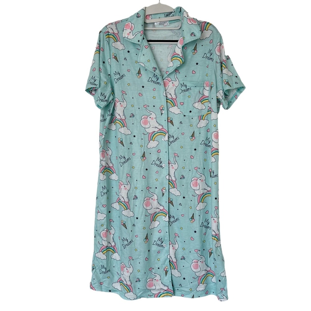 Ekouaer Elephant Rainbow Button Down Mumu Nightgown Sleep Shirt Womens M